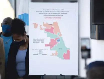  ?? ANTHONY VAZQUEZ/SUN-TIMES ?? The Chicago Aldermanic Black Caucus unveiled a map on Monday generally showing how new wards might be carved out. But Latino City Council members are not pleased.