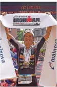  ??  ?? Zum dritten Mal Europameis­ter über die Ironman-Distanz: Triathlet Sebastian Kienle nach seinem Zieleinlau­f in Frankfurt.
FOTO: IMAGO