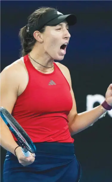  ?? Agence France-presse ?? Jessica Pegula celebrates her victory against Iga Swiatek (unseen) during their singles match in the semi-final of the United Cup in Sydney on Friday.