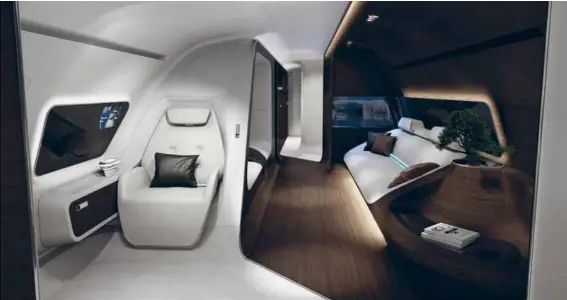  ??  ?? La cabina offre un design moderno, unito alle ultime prestazion­i tecnologie del settore in tutte le aree dell'aereo, dall'ingresso fino alla camera da letto. L'aereo VIP è progettato per 16 passeggeri. The cabin features a modern design combined with...