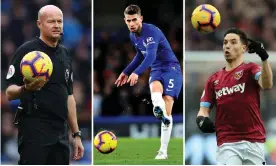  ??  ?? Left to right: Referee Lee Mason, Jorginho of Chelsea and West Ham’s Samir Nasri. Composite: BPI/REX/Shuttersto­ck/Getty