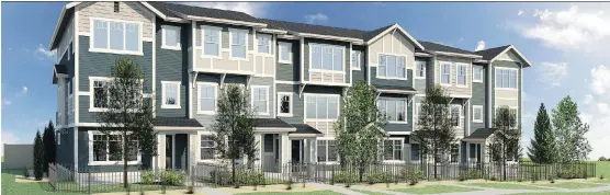  ?? EXCEL HOMES ?? An artist’s rendering shows the front exterior of a new fee-simple townhome developmen­t by Excel Homes in the Cochrane community of Sunset Ridge.