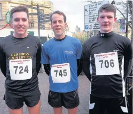  ??  ?? Top trio The first three male runners, from left, Euan Rose, Robert Harrison from Rattray and Fraser Matthews from Blairgowri­e