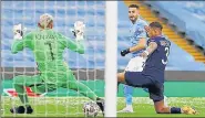  ?? REUTERS ?? Man City's Riyad Mahrez scores their opener on Tuesday.