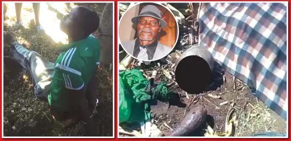  ??  ?? Murder suspect Luckmore Nyakuchena under arrest soon after killing his grandfathe­r The covered body of headman Ndiraya and the axe used to hack off his head. (Inset) Mr Ndiraya in happier times