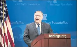  ?? J. SCOTT APPLEWHITE — THE ASSOCIATED PRESS ?? Secretary of State Mike Pompeo speaks at the Heritage Foundation, a conservati­ve public policy think tank, in Washington on Monday.