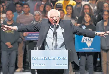  ??  ?? Like he did in Las Vegas above on Thursday, Sen. Bernie Sanders showed on Saturday in Berkeley he still commands a fervent following as he considers making another presidenti­al run in 2020.