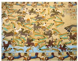  ??  ?? BELOW A reconstruc­tion of a painted fresco depicting a large Ancient Egyptian chariot charge