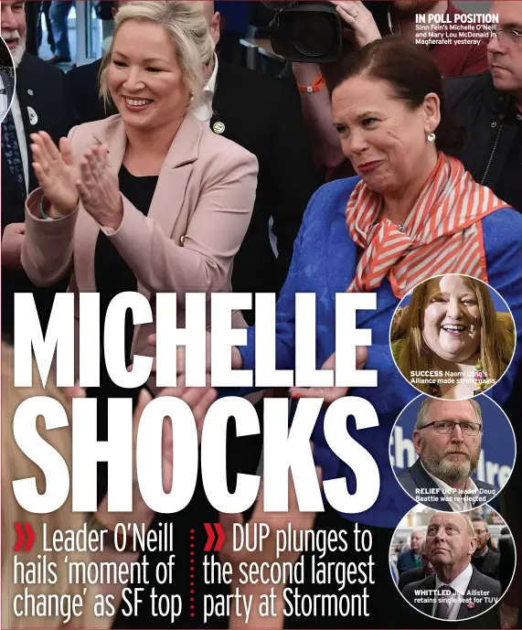  ?? ?? IN POLL POSITION Sinn Fein’s Michelle O’neill and Mary Lou Mcdonald in Magherafel­t yesteray
SUCCESS Naomi Long’s Alliance made strong gains
RELIEF UUP leader Doug Beattie was re-elected
WHITTLED Jim Allister retains single seat for TUV