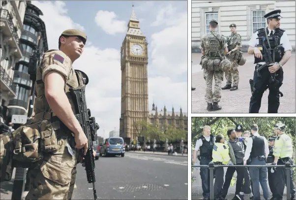  ??  ?? Above, a soldier joins police on guard outside the Houses of Parliament, in response to the Manchester terror attacks; top right, troops on patrol with police officers outside Buckingham Palace. Almost a thousand soldiers were deployed to guard key...