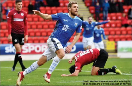  ??  ?? David Wotherspoo­n opens the scoring in St Johnstone’s 2-0 win against St Mirren