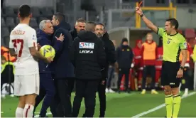  ?? Simone Venezia/EPA ?? José Mourinho is sent off in the second half of Roma’s 2-1 defeat to Cremonese. Photograph: