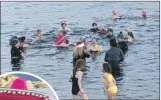  ?? Photograph: Iain McKerrel. ?? Bathers taking the plunge at last year’s Tarbert dook.
Inset: organiser Hazel Dale in fancy dress.