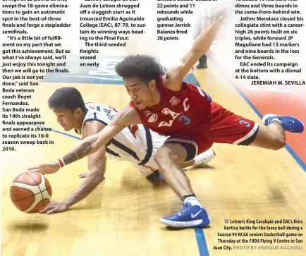  ?? PHOTO BY ENRIQUE AGCAOILI ?? Letran’s King Caralipio and EAC’s Kriss Gurtiza battle for the loose ball during a Season 95 NCAA seniors basketball game on Thursday at the FilOil Flying V Centre in San Juan City.