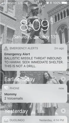  ?? ASSOCIATED PRESS ?? This smartphone screen capture shows a false incoming ballistic missile emergency alert sent from the Hawaii Emergency Management Agency system.