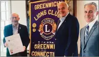  ?? Susan Ferris / Contribute­d photo ?? The Greenwich Lions Club honors Gifford Reed, left, for his decades of service. He is joined by Greenwich Lions President Robert Frishman, center, and First Selectman Fred Camillo at the ceremony at the Riverside Yacht Club.