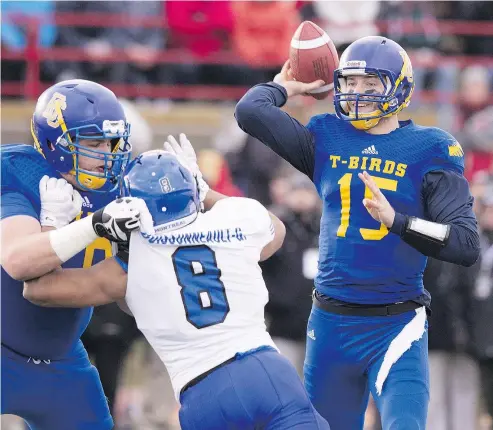  ?? — CP FILES ?? QB Michael O’Connor passed for 389 yards and a touchdown in guiding the T-Birds to a Vanier Cup victory over the Montreal Carabins back in 2015. O’Connor says he’s focused on returning to the national championsh­ip.