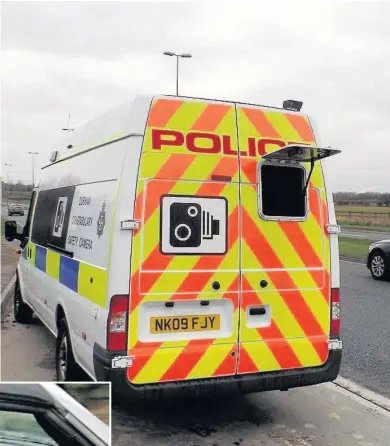  ??  ?? Photos show the camera in one of the four mobile safety vans and using mobile when driving