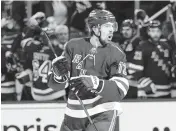  ?? FRANK FRANKLIN II AP ?? The Rangers’ Filip Chytil celebrates after scoring a goal against the Lightning in New York’s 6-2 win in Game 1.