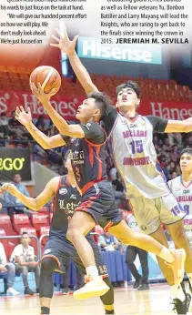  ?? PHOTO BY JOHN ORVEN VERDOTE ?? n Letran’s Fran Yu goes up for a layup against Justin Arana of Arellano during a Season 95 NCAA seniors basketball game at the FilOil Flying V Centre in San Juan City.