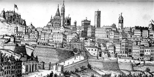  ??  ?? Nella Serenissim­a Una stampa di Bergamo nel Cinquecent­o. Venezia, nel 1561, iniziò la costruzion­e delle mura di Città Alta oggi patrimonio dell’Unesco