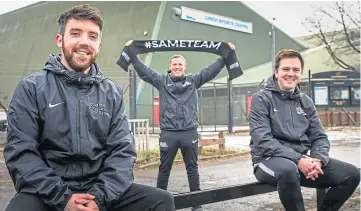  ??  ?? SHOW OF SUPPORT: Street Soccer Scotland area manager David Mackenzie, programme co-ordinator Kyle Fraser and business developmen­t manager Scott Hollinshea­d outside the Lynch Sports Centre. Picture by Mhairi Edwards.