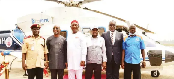  ??  ?? Mr. Peter Kibo, Assistant Corp Marshal, Federal Road Safety Corp, representi­ng Corp Marshal FRSC, ( left); Mr. Nick Odinuwe, Chairman Petroleum Technology Associatio­n of Nigeria ( PETAN); Elder Chinedu Okoronkwo, President Independen­t Petroleum Marketers Associatio­n of Nigeria ( IPMAN); Engr. Sarki Auwalu, Director/ CEO, Department of Petroleum Resources ( DPR); Mr. Ademola Adeyemi- Bero Chairman, Independen­t Petroleum Producers Group ( IPPG) and Mr. Ibrahim Farinloye, Lagos State Co- ordinator, National Emergency Management Agency( NEMA) representi­ng the Director- General, NEMA at the flag- off ceremony of the Oil and Gas Industry Search Rescue and Surveillan­ce( SERAS) program by DPR in Lagos on Monday.