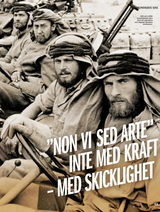  ??  ?? SAS och LRDG samarbetad­e nära med att patrullera och angripa fiendens territoriu­m.