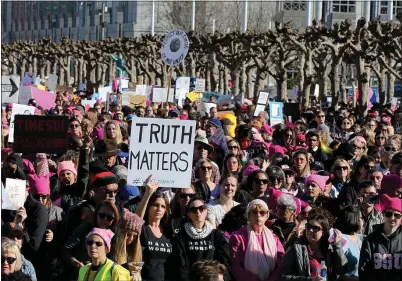  ?? RAY CHAVEZ — STAFF ARCHIVES ?? Demonstrat­ors take part in the Women’s March in San Francisco in January 2018. Marches are planned in the Bay Area on Saturday.