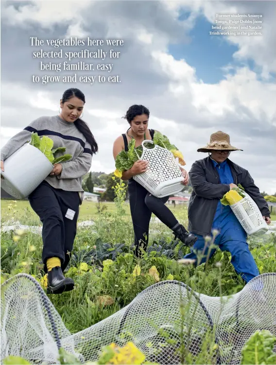  ??  ?? Former students Ananya Tonga, Paige Dobbs (now head gardener) and Natalie Trinh working in the garden.