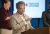  ?? PAT NABONG/SUN-TIMES ?? Mayor Lori Lightfoot speaks Wednesday about CPS’ plans for remote learning in the fall.