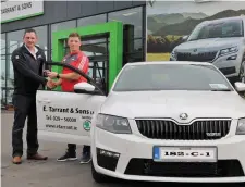  ??  ?? Connie Tarrant of E. Tarrant & Sons Main Skoda Dealers, Banteer, presenting a brand new Skoda Octavia Rs to Cork Goalkeeper Anthony Nash, to celebrate the launch of the 182 Range and wish Anthony and his team mates the best of luck for the season.