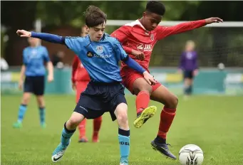  ??  ?? Liam Lee of Sligo Leitrim Schoolboys League in action against Glory Nzinga of Dublin District Schoolboys League during the Subway SFAI U13 Final match between Sligo Leitrim Schoolboys League and Dublin District Schoolboys League in Cahir, Co Tipperary....