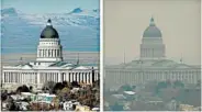  ?? RICK BOWMER/AP 2018 ?? Photos taken days apart show the Utah State Capitol during a clear day and a day when emissions are trapped.