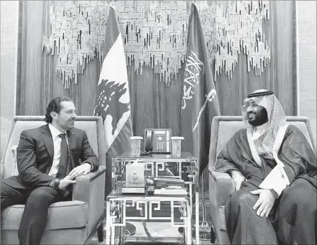  ?? Dalati Nohra Government of Lebanon ?? LEBANESE Prime Minister Saad Hariri meets with Saudi Crown Prince Mohammed bin Salman in Riyadh in a photo released last week. Hariri resigned Saturday during his Saudi trip, during which he attacked Iran, saying it was driven by a “deep hatred” of...