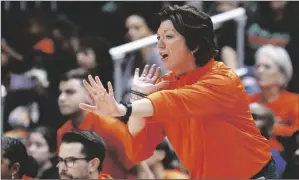  ?? ?? MIAMI HEAD COACH KATIE MEIER yells during the second half of a game against Notre Dame on Dec. 29, 2022 in Coral Gables, Fla.
RHONA WISE VIA AP