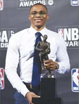  ?? Ap pHoto ?? Russell Westbrook was voted NBA MVP on Monday night after setting a record with 42 triple-doubles last season.