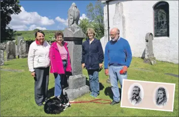  ??  ?? Margaret Miller, Lee Ann Stearns, Donna Potter and Bob Wilcox at Lismore Parish Church, and, inset left, emigrants John McDougall and his wife Isabel McCallum and John in Highland rig before he left for Minnesota.