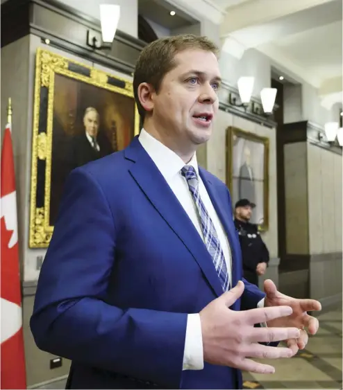  ?? SEAN KILPATRICK / THE CANADIAN PRESS ?? Conservati­ve Leader Andrew Scheer says if they have nothing to hide, the Liberals should OK committee hearings.