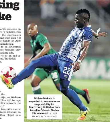  ?? / STEVE HAAG / BACKPAGEPI­X ?? Mohau Mokate is expected to assume more responsibi­lity for Maritzburg United as they travel to Orlando Pirates this weekend.