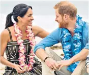  ??  ?? The Duke and Duchess of Sussex wearing colourful leis, on Bondi Beach, left, and below, meeting a local surfing group who help to raise mental health awareness. Below right, the Duke on the bridge with Scott Morrison, the Australian prime minister, and Invictus Games competitor­s