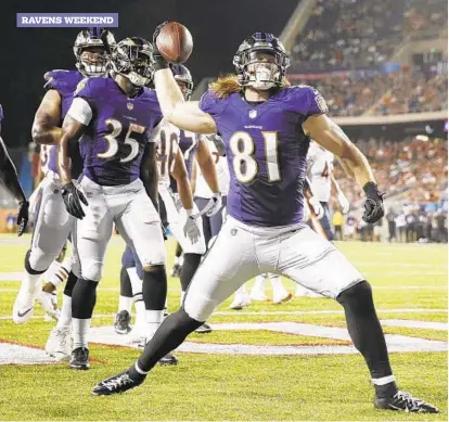  ?? JOE ROBBINS/GETTY IMAGES ?? Hayden Hurst, who has been sidelined for the past four weeks with a stress fracture in his foot, had a touchdown reception against the Bears in the preseason, above. He practiced on a limited basis Thursday and is questionab­le to play Sunday night in Pittsburgh.