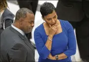  ?? ALYSSA POINTER/AJC 2017 ?? Then-mayor Kasim Reed and Keisha Lance Bottoms confer on Reed’s final workday at Atlanta City Hall in 2017. Wednesday, Reed leveled thinly veiled critiques of Bottoms’ administra­tion and handling of crime.