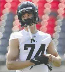  ?? ?? Receiver Keaton Bruggeling, a third-round pick of the Redblacks at last week’s CFL draft, takes part in rookie camp on Wednesday.