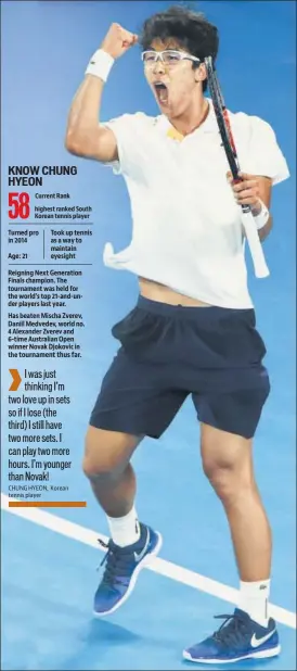  ?? GETTY IMAGES ?? Current Rank highest ranked South Korean tennis player Hyeon Chung became the first Korean to reach a Grand Slam quarterfin­al.