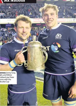  ??  ?? Jonny Gray, right, and fellow Scotland star Peter Horne with the Calcutta Cup