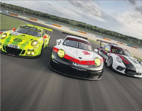  ?? PORSCHE MOTORSPORT ?? Porsche Motorsport exhibits its race-winning formula with its latest race cars, from left: the GT3 R, the RSR and the GT3 Cup.