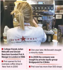  ??  ?? College friends Julian Metcalfe and Sinclair Beecham founded Pret A Manger in London in 1986 Pret opened its first overseas coffee shop in New York in 2000 One year later, McDonald's bought a minority stake
In 2008 the company was bought by private...