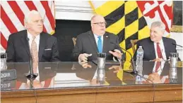  ?? MICHAEL DRESSER/BALTIMORE SUN ?? Senate President Thomas V. Mike Miller, left, Gov. Larry Hogan and House Speaker Michael E. Busch at Tuesday’s bill signing at the State House.