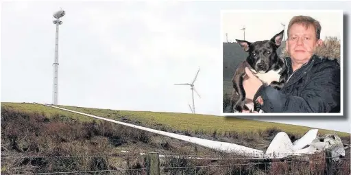  ??  ?? ●● Ray Gansler and his Staffordsh­ire Bull Terrier Lucy (inset) had to run as winds tore blades from a wind turbines at Scar End Farm. Pictures by Catherine Smyth